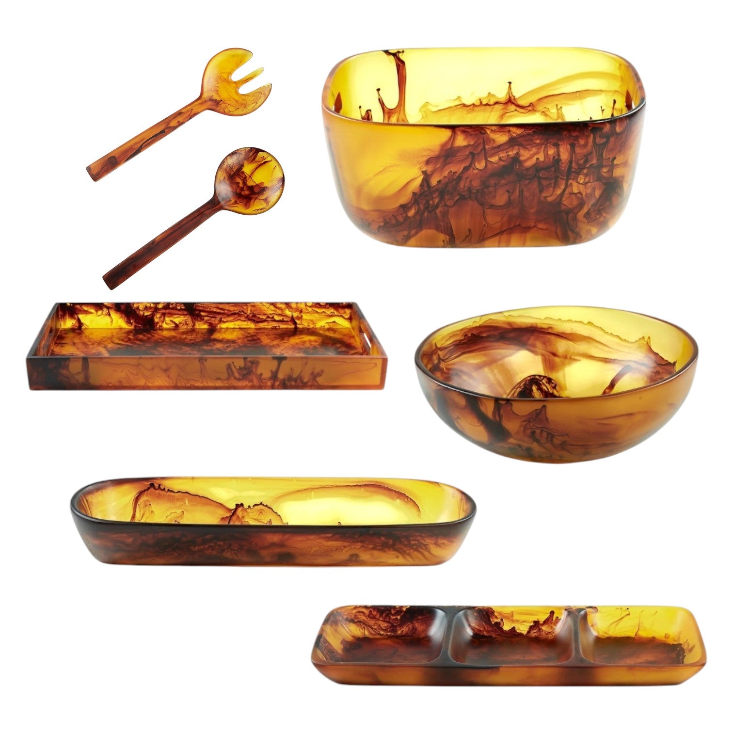 The Tortoise Resin Serveware Collection features amber and brown swirled bowls, trays, a divided dish, and salad servers—stylish resinware perfect for serving or as decor, shown on a white background.