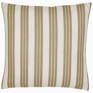 The John Robshaw Vintage Stripe Outdoor Pillow features a square design with vintage-inspired vertical beige and white stripes on a plain background, resistant to sun and rain.