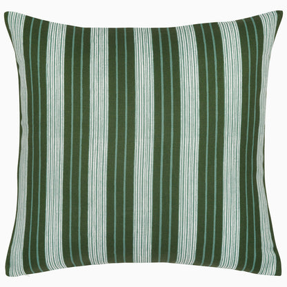 The John Robshaw Vintage Stripe Outdoor Pillow showcases vintage-inspired vertical green and white stripes in a square design, crafted to resist sun and rain.
