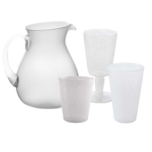 Part of the Memento Acrylic White Collection, this frosted pitcher with a handle is ideal for outdoor dining and comes with three uniquely shaped frosted glasses.