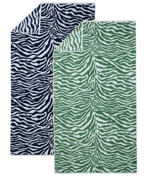 The Matouk Santiago Beach Towel Collection includes two highly absorbent Terry towels adorned with bold animal print designs: one showcasing classic black and white zebra stripes, and the other featuring a vibrant green and white pattern. When placed together, these towels bring an element of style to your beach essentials.