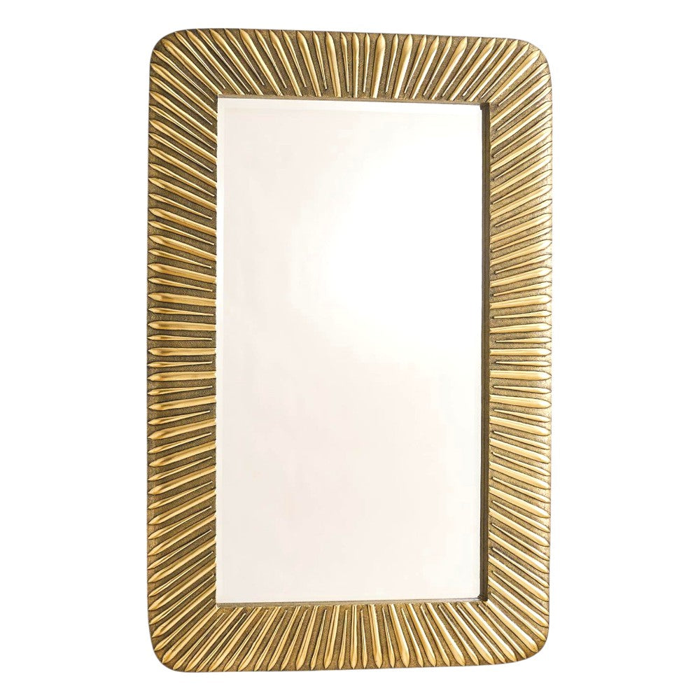 Valencia Mirror in Antique Brass features a wide, textured frame with a radiating pattern, drawing inspiration from Spanish design.