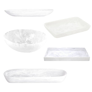 Five Swirl White Resin Serveware Collection dishes, featuring a marble pattern and assorted shapes and sizes, are arranged on a plain white background to bring elegance to your home decor.