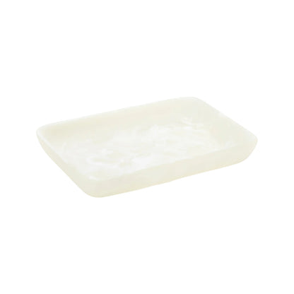 A rectangular, shallow dish from the Swirl White Resin Serveware Collection with smooth edges is shown on a white background—an elegant piece for home decor.