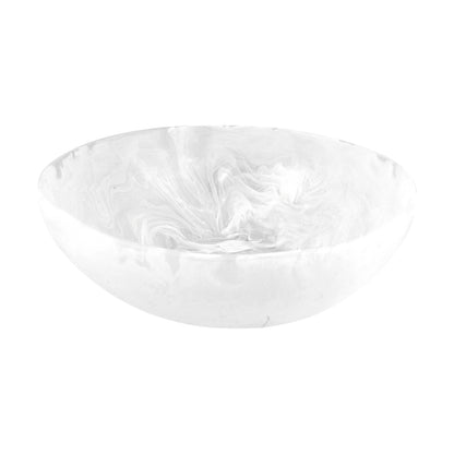 The Swirl White Resin Serveware Collection features a round, shallow white bowl with subtle gray veining, perfect as an elegant home decor accent or timeless serving piece, displayed on a plain white background.