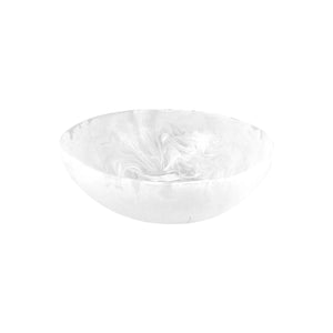 Part of the Swirl White Resin Serveware Collection, this round white bowl features a smooth, marble-inspired pattern and is displayed against a plain white background.