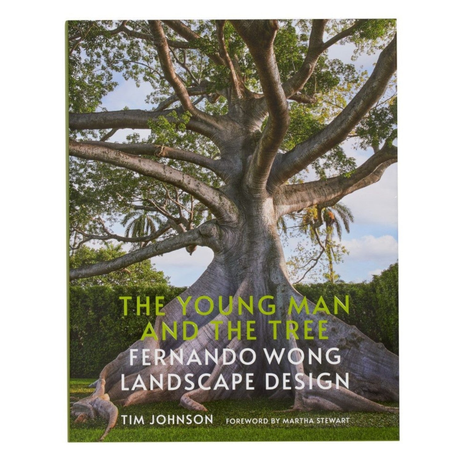Book cover for "The Young Man and The Tree: Fernando Wong Landscape Design," featuring a large tropical garden-inspired tree. Written by Tim Johnson with a foreword by Martha Stewart.