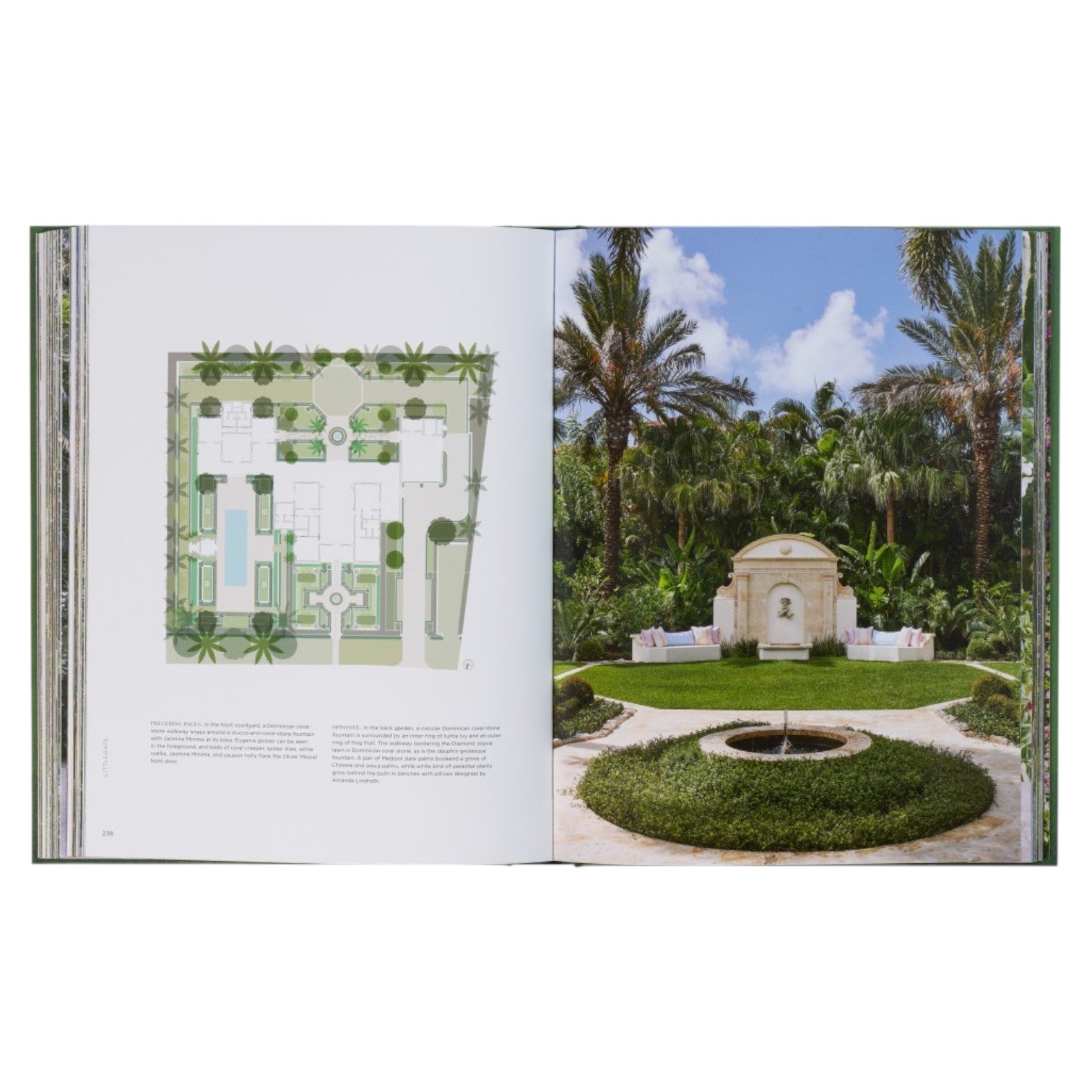 An open book, "The Young Man and The Tree: Fernando Wong Landscape Design," shows a garden layout on the left page and, on the right, a photo of a formal garden featuring a fountain, benches, and lush greenery inspired by Wong’s designs.