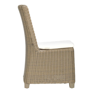 Side view of the Zeya Outdoor Dining Side Chair with a high back and white seat cushion, highlighting its weather-resistant design for stylish outdoor dining on a plain white background.