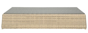The Zeya Grande Outdoor Coffee Table features a rectangular wicker design with a flat glass top, displayed on a plain white background, highlighting its weather-resistant construction and refined outdoor style.