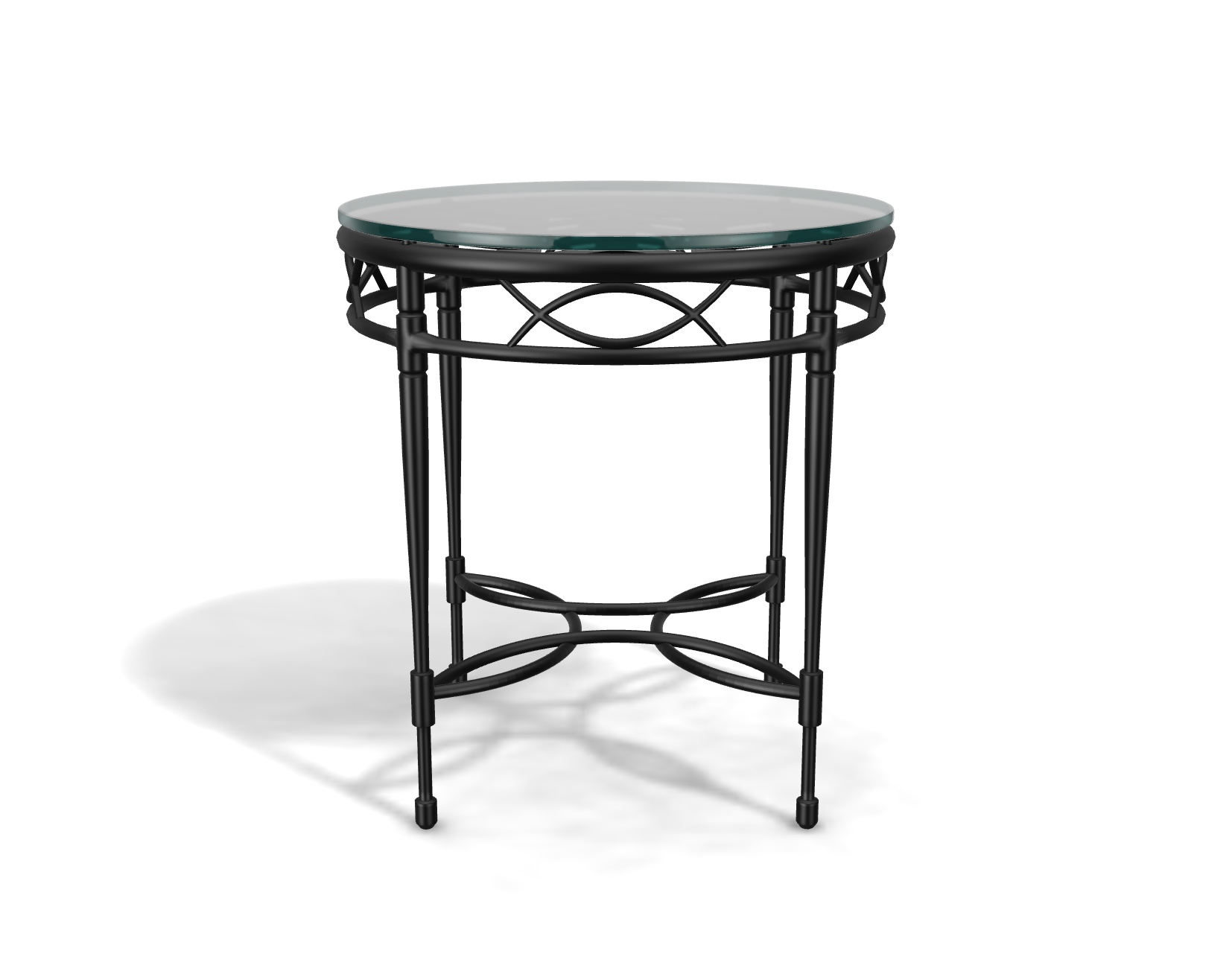 The Amalfi Glass Top Side Table features a round glass top, black metal frame, decorative curved supports, and hand-forged latticework. Shown here against a white background.