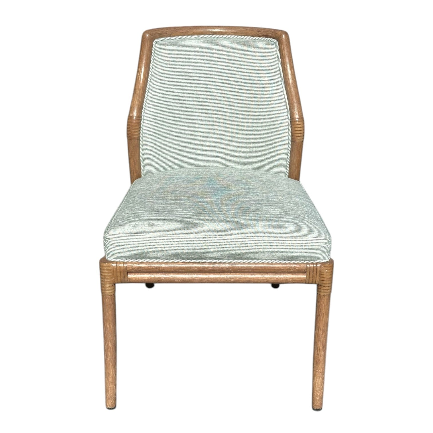 The Lantana Side Chair features a wooden frame with custom light green fabric upholstery on the seat and backrest, displayed front-facing against a white background.