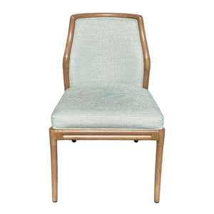 The Lantana Side Chair features a wooden frame with custom light green fabric upholstery on the seat and backrest, displayed front-facing against a white background.
