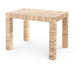 The Parsons Papyrus Side Table features a rectangular shape, striped wood pattern, four thick straight legs, and a modern aesthetic.