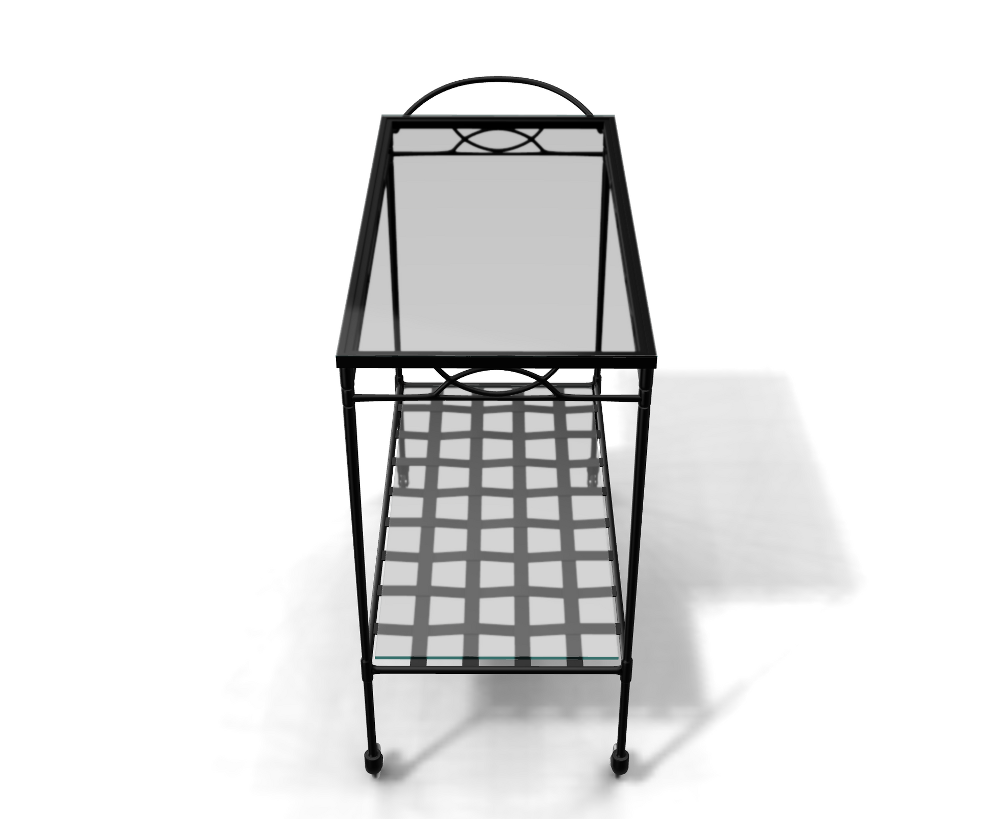 The Amalfi Bar Cart boasts a black powder-coated steel frame, glass top, metal grid shelf, and four wheels for easy serving. Shown against a white background.