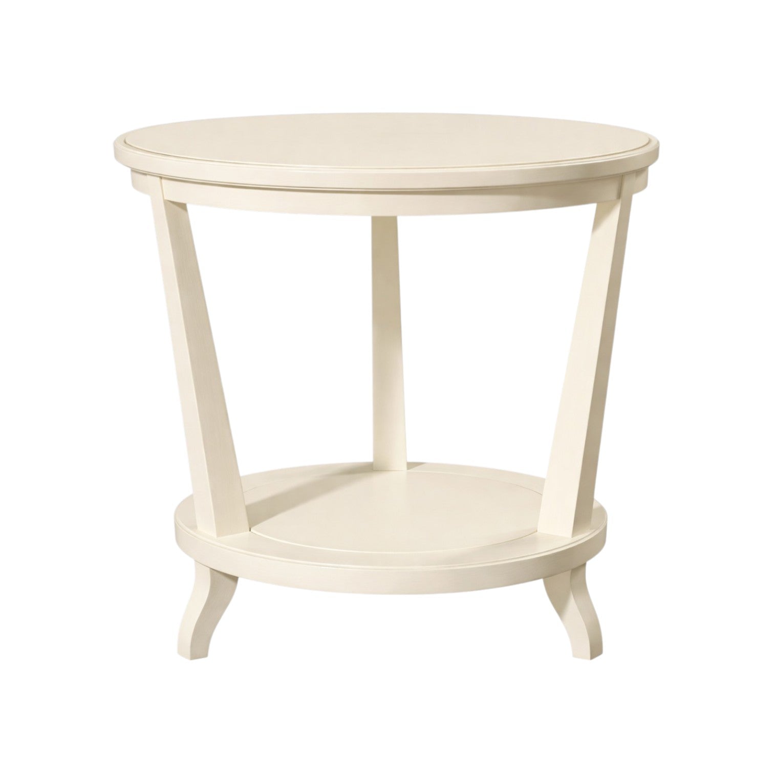 The Rye Round Side Table, shown against a white background, showcases an architectural shape in cream-colored wood with tapered legs and a lower shelf.