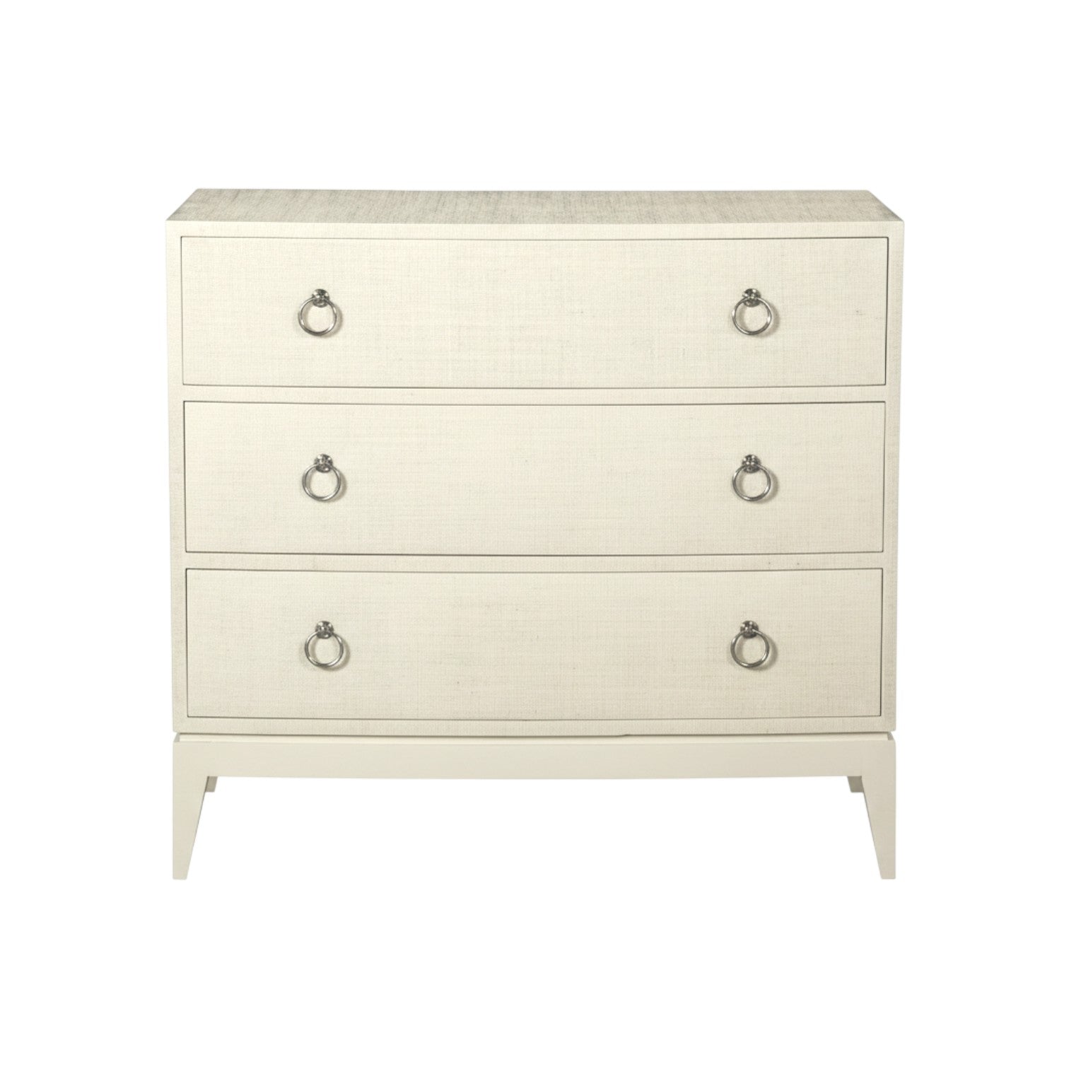 The Connie Raffia Chest features three drawers with metal ring handles, finished in cloud white raffia, and is shown against a plain white background.