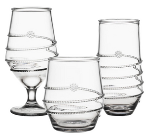 The Juliska Amalia Acrylic Collection features three clear glass drinking vessels with spiral rope-like details, perfect for the adventurous entertainer. This collection includes a goblet, tumbler, and highball glass, offering a sense of practical indulgence.