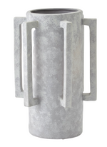 A gray ceramic Normandie Vase, Light Grey with a cylindrical shape and four Italian ceramic handles extending from the sides. The vase has a textured, speckled surface, making it a contemporary work of art.