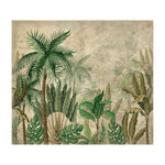 Introducing Tropics Art: an illustration featuring various tropical plants and palm trees with lush green leaves set against a muted, textured background. This serene landscape is the perfect piece of paradise decor, making Tropics Art an ideal choice for tropical wall art in any space.