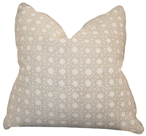 The Seville Shale Pillow features a beige and white geometric symmetrical design with a soft texture. Custom-made from premium materials, this pillow adds style and elegance to any space.
