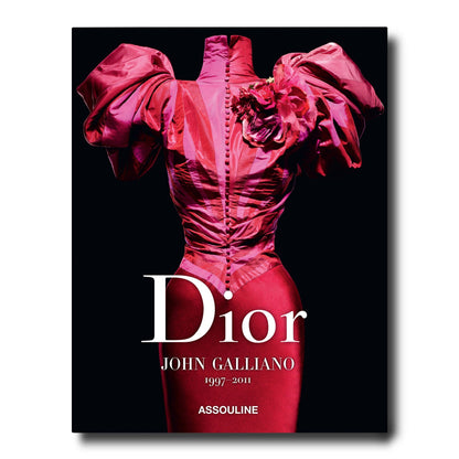 Cover of a book titled "Dior: John Galliano" by Assouline, featuring a red haute couture dress with intricate details against a black background.