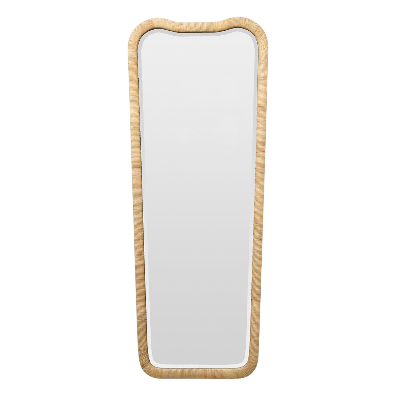 The Anela Mirror is a rectangular, full-length wall mirror featuring rounded corners and a light wooden frame.