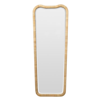 The Anela Mirror is a rectangular, full-length wall mirror featuring rounded corners and a light wooden frame.