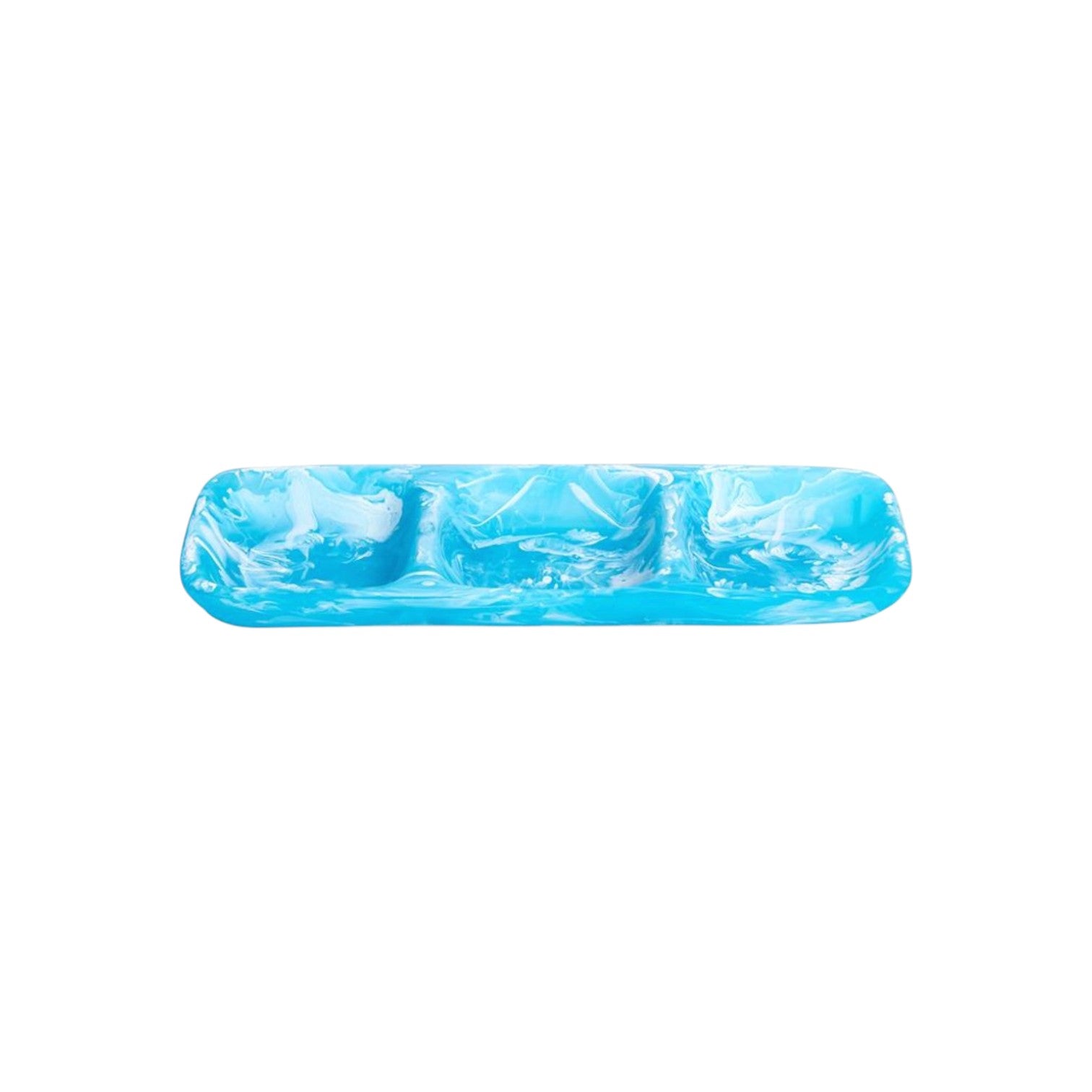 Rectangular tray from the Nashi Home Serveware Collection, Aqua—crafted in resin with three sections and a blue and white marbled pattern; a chic serving piece that elevates your decor, shown on a white background.