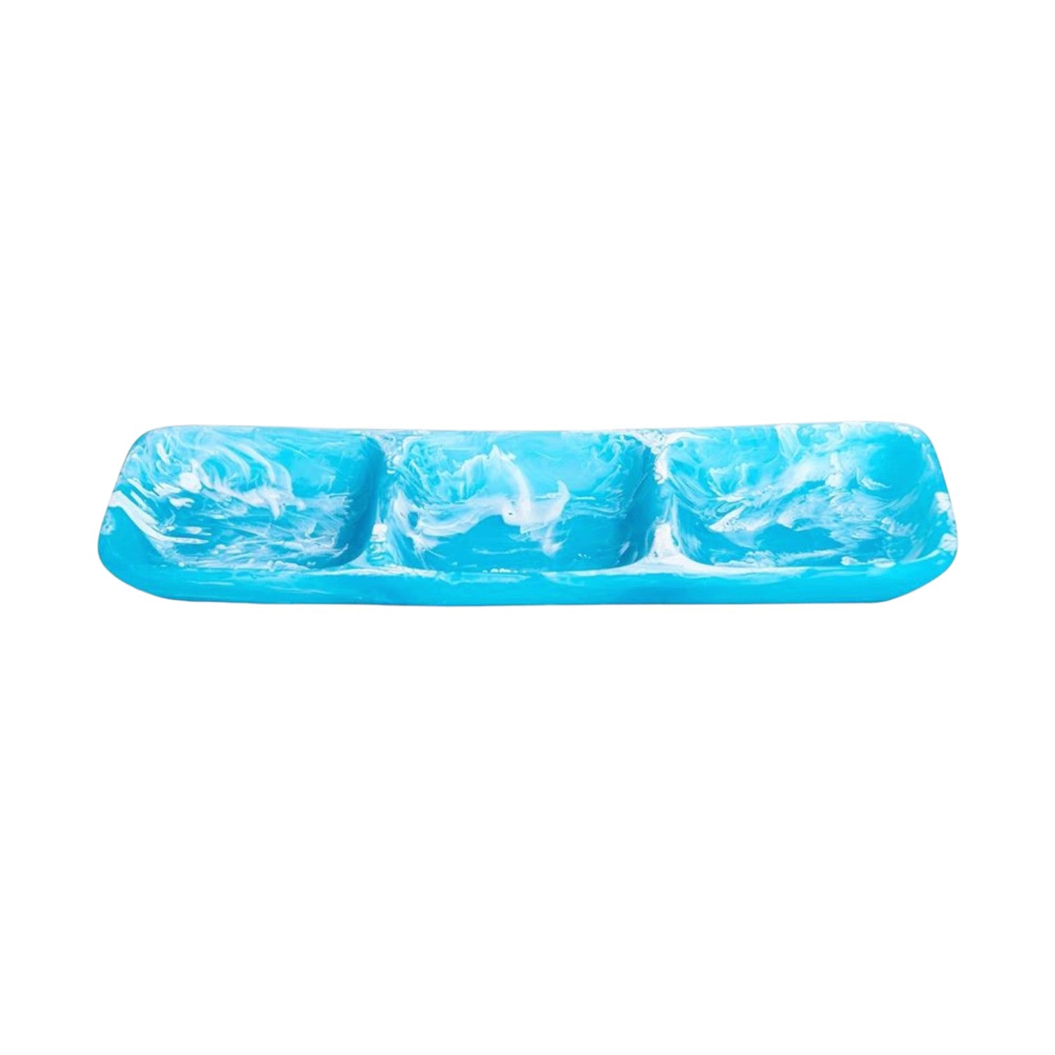 The Nashi Home Serveware Collection, Aqua features a rectangular blue and white marbled resin tray with three compartments—ideal for serving or adding a stylish accent to your decor—shown against a white background.