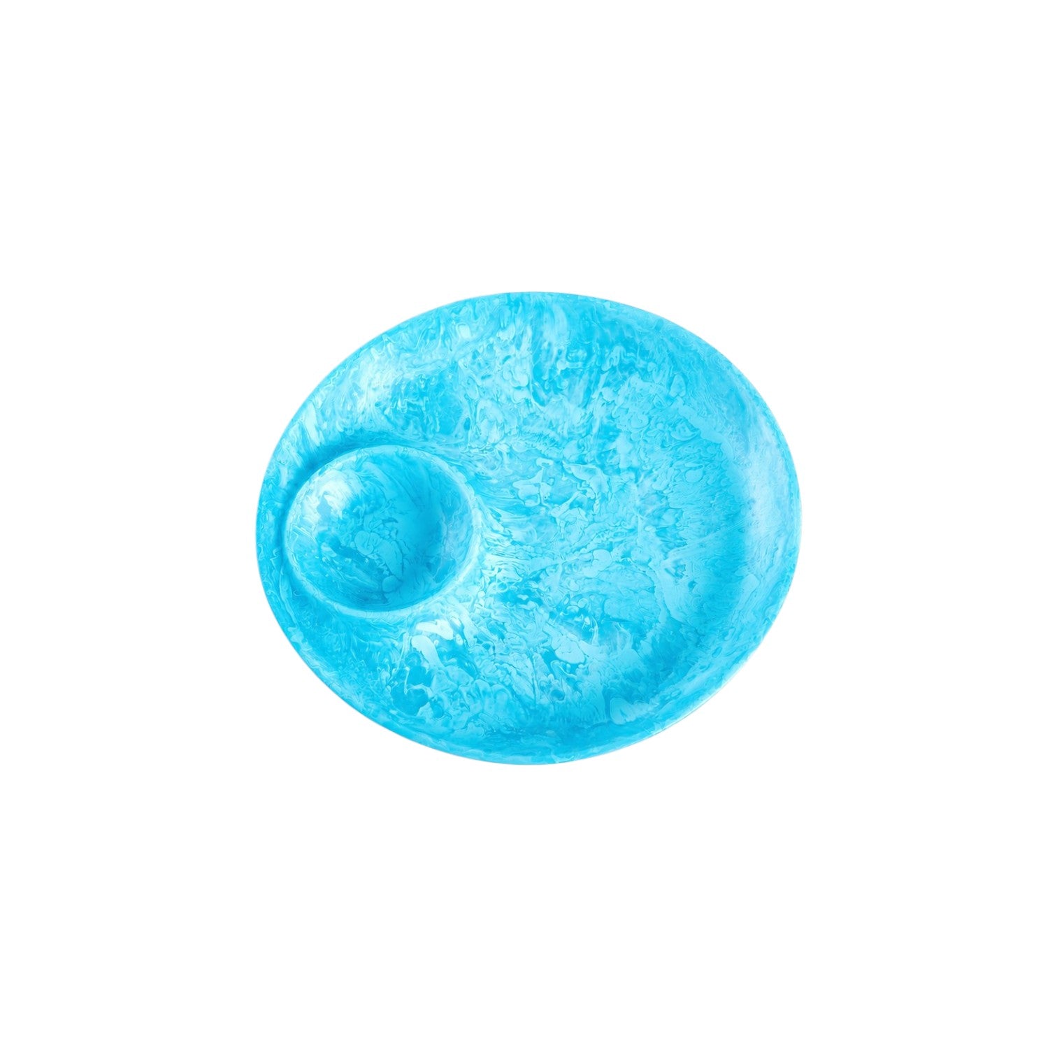 A round, blue, textured plate from the Nashi Home Serveware Collection, Aqua, features a small circular compartment on one side—a stylish Nashi resinware piece shown against a white background.
