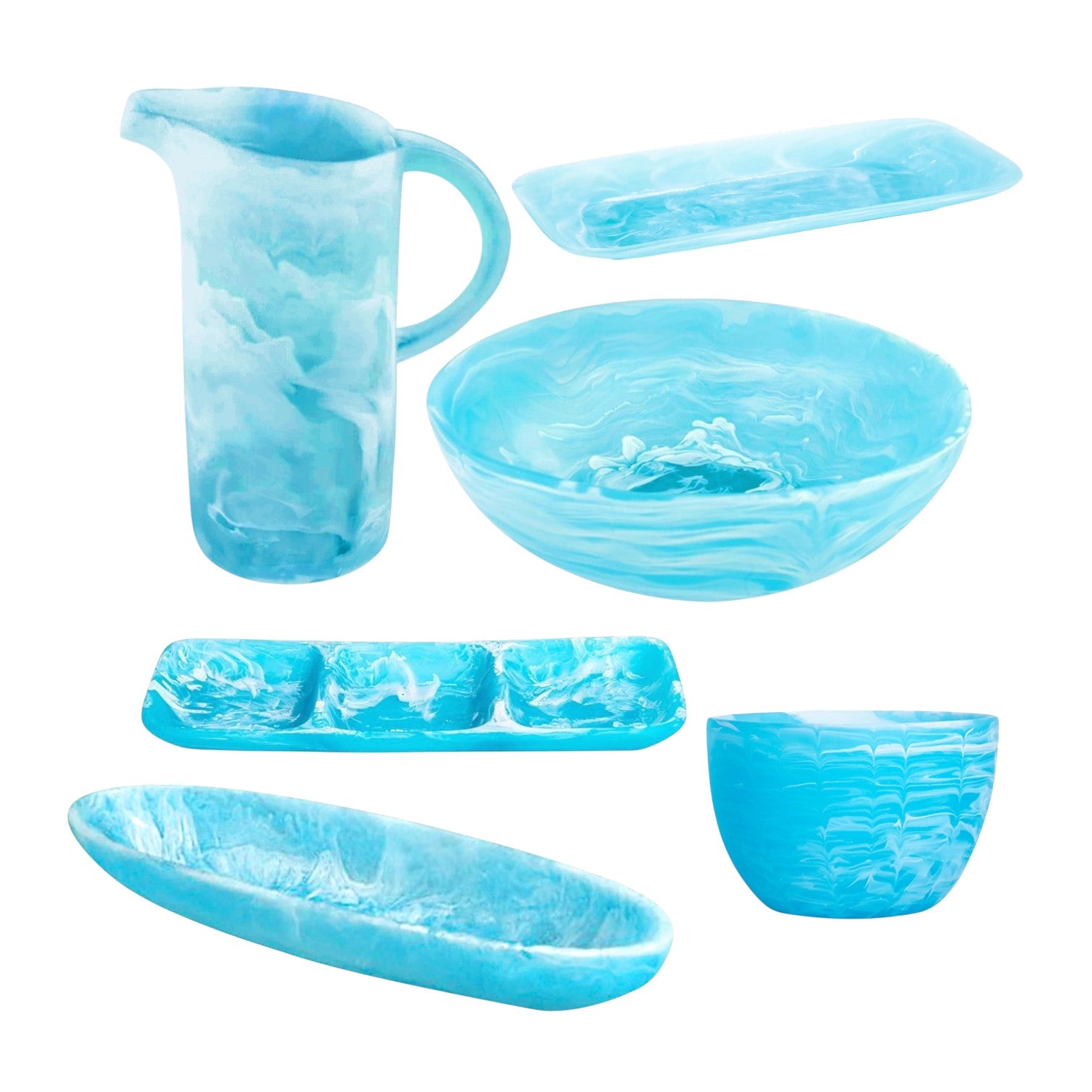 The Nashi Home Serveware Collection, Aqua, features six blue marbled resin pieces—pitcher, bowls, trays, and a sectioned platter—ideal for enhancing home decor. Displayed on a crisp white background.