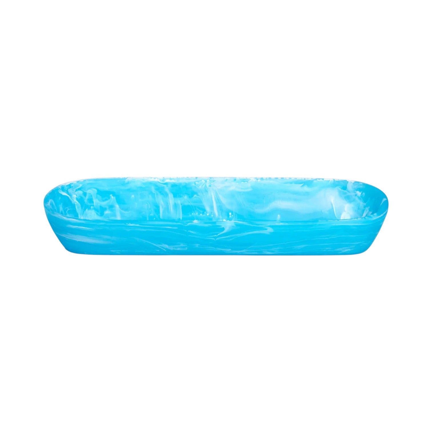 A rectangular, shallow tray from the Nashi Home Serveware Collection in Aqua, featuring blue marbling and rounded corners, perfect as a stylish serving piece or home decor accent, displayed on a white background.