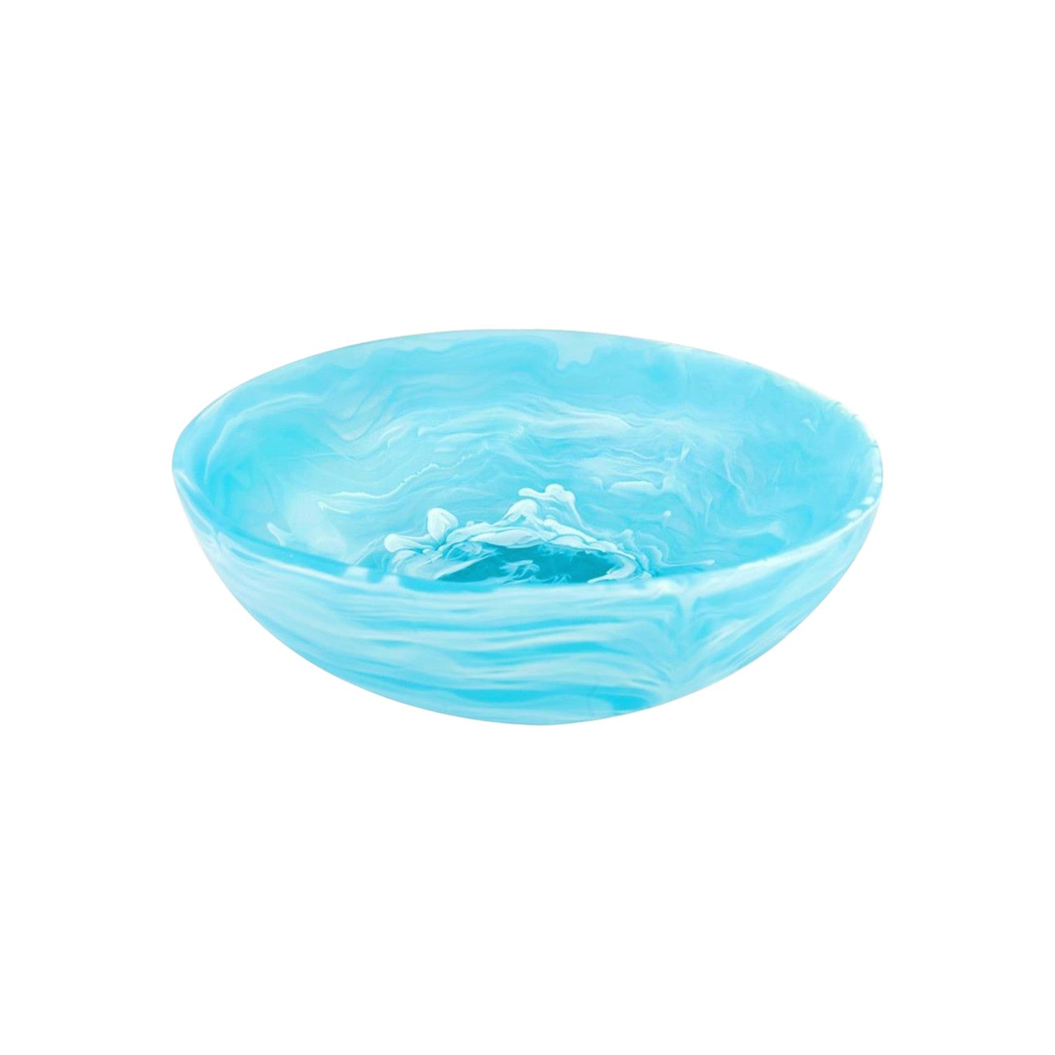 The Nashi Home Serveware Collection, Aqua, features a shallow round light blue glass bowl with a marbled swirl pattern—an elegant piece that enhances any home decor and looks stunning on a white background.