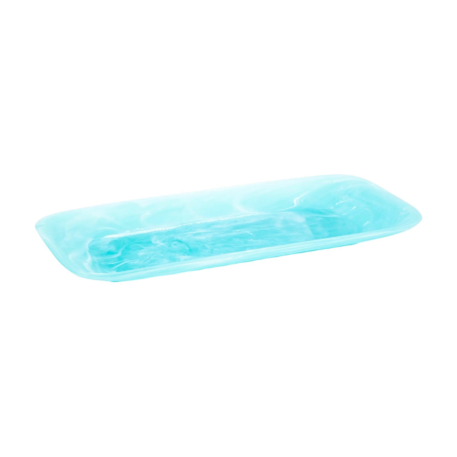 The Nashi Home Serveware Collection, Aqua, features a rectangular, shallow tray with light blue marbling and curved edges—an eye-catching addition to your home decor. Shown against a white background.
