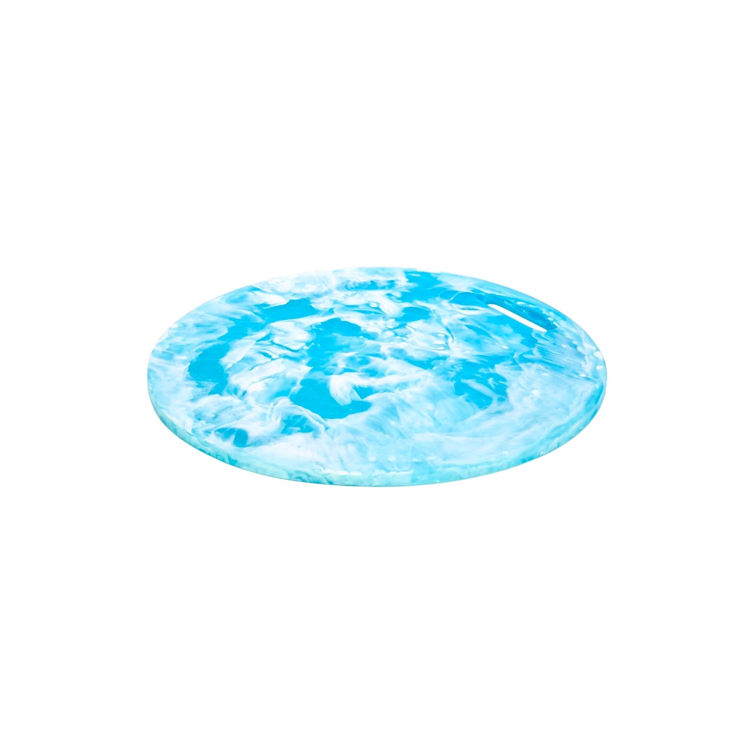 The Nashi Home Serveware Collection, Aqua, features a marbled blue and white round resin disk displayed on a white background—a stunning serving piece that elevates any home decor.