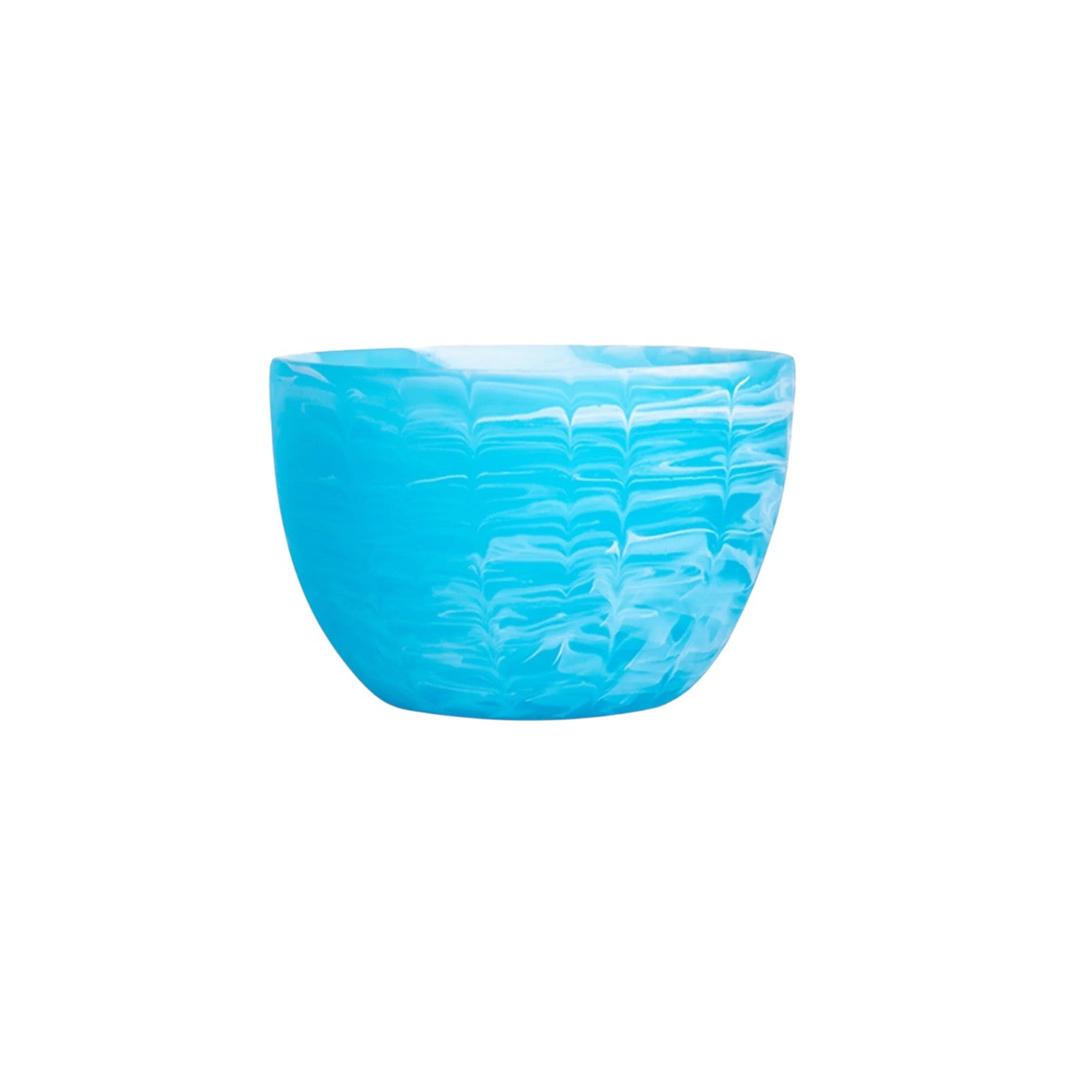 A small, round, opaque blue bowl from the Nashi Home Serveware Collection, Aqua—featuring a marbled pattern on white—makes a unique serving piece or home decor accent.