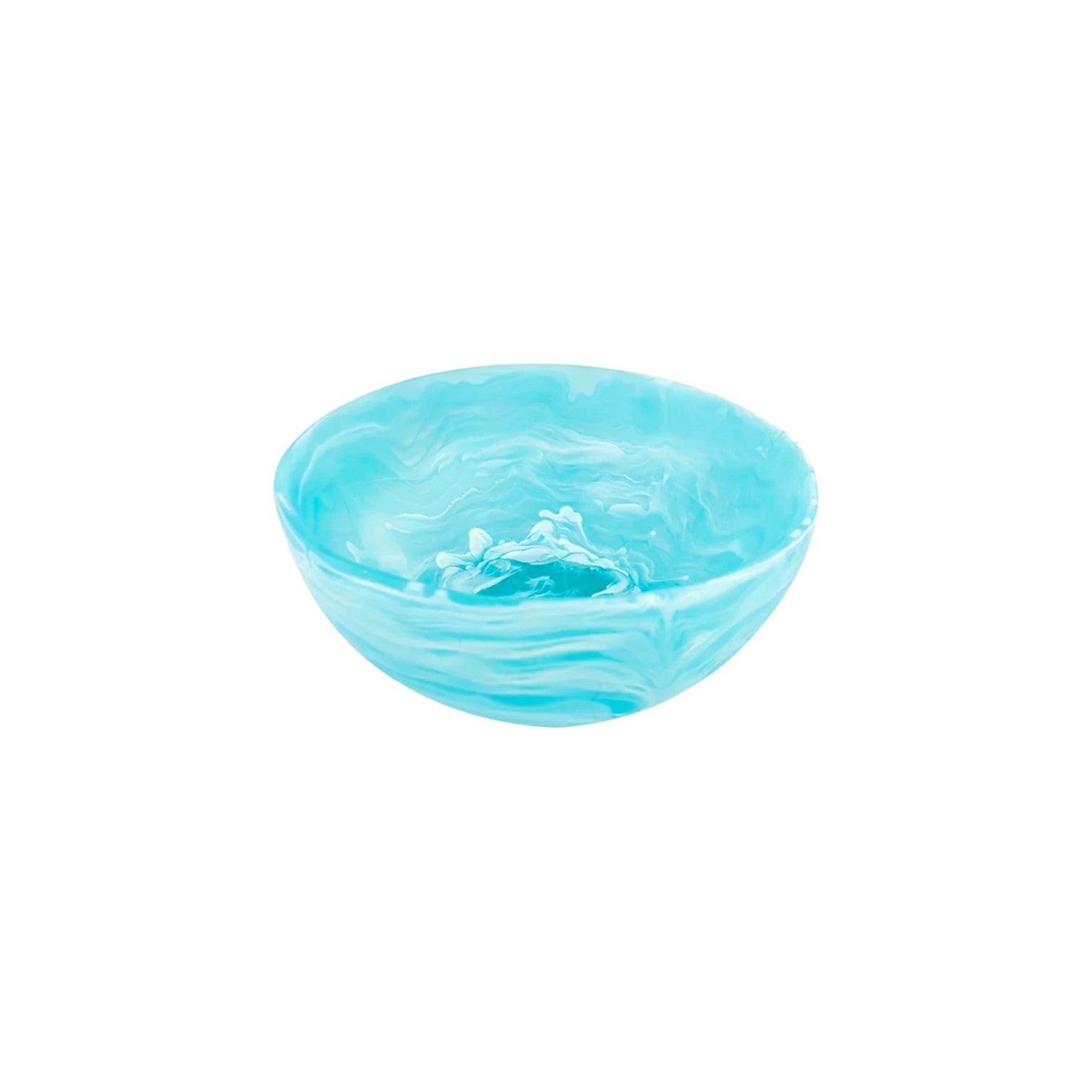 The Nashi Home Serveware Collection, Aqua features a round, shallow light blue glass bowl with a marbled swirl pattern—an elegant, modern accent for your home decor, shown here against a white background.