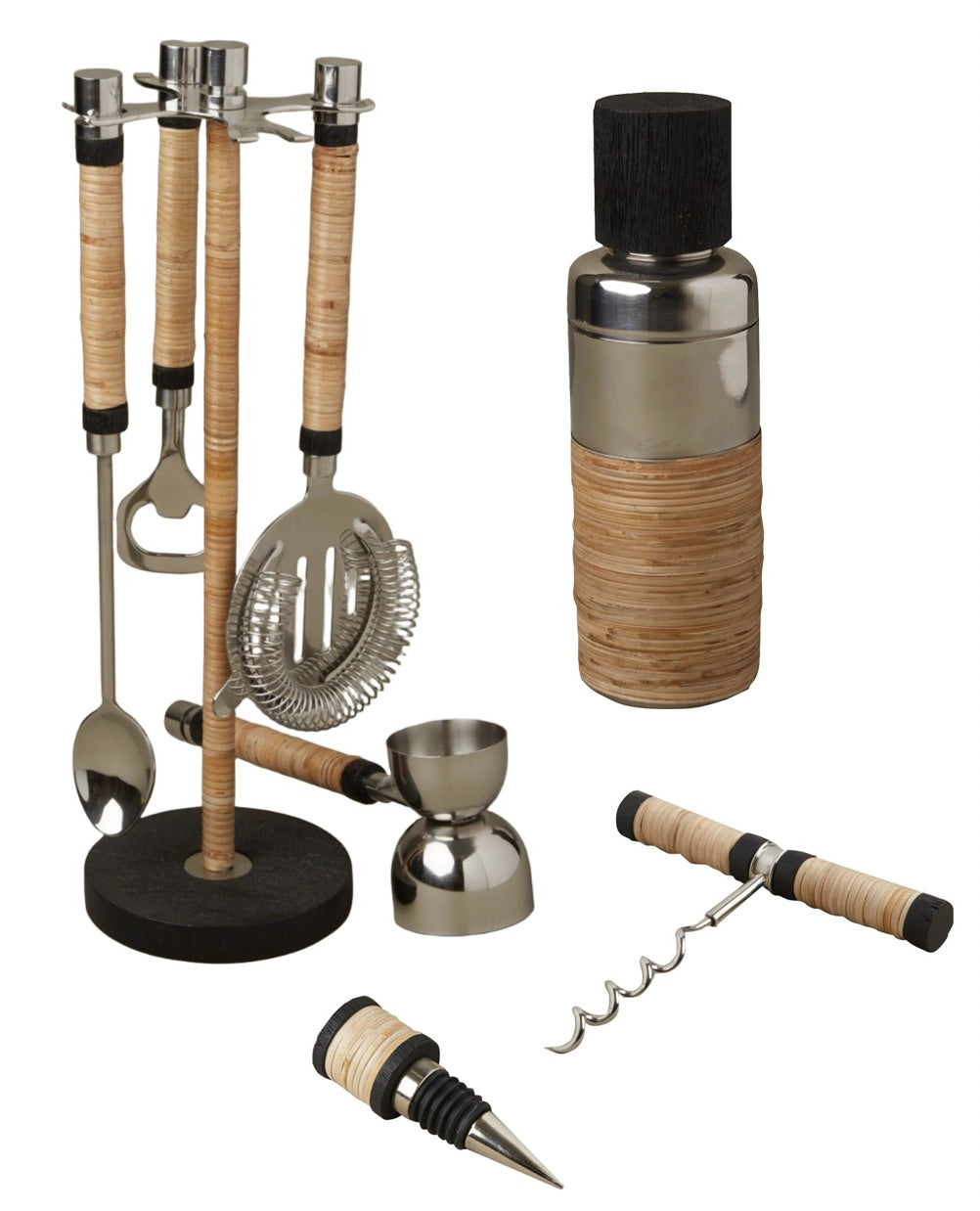 A Be Home Arendal Bar Collection including a jigger, bottle stopper, corkscrew, cocktail strainer, mixing spoon, and muddler, all with wooden handles, displayed with a matching cocktail shaker on an elegant stand – perfect for the master mixologist.