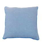 Arles Paon Outdoor Pillow in a square shape, featuring blue and white textured fabric with blue piping, shown against a white background.