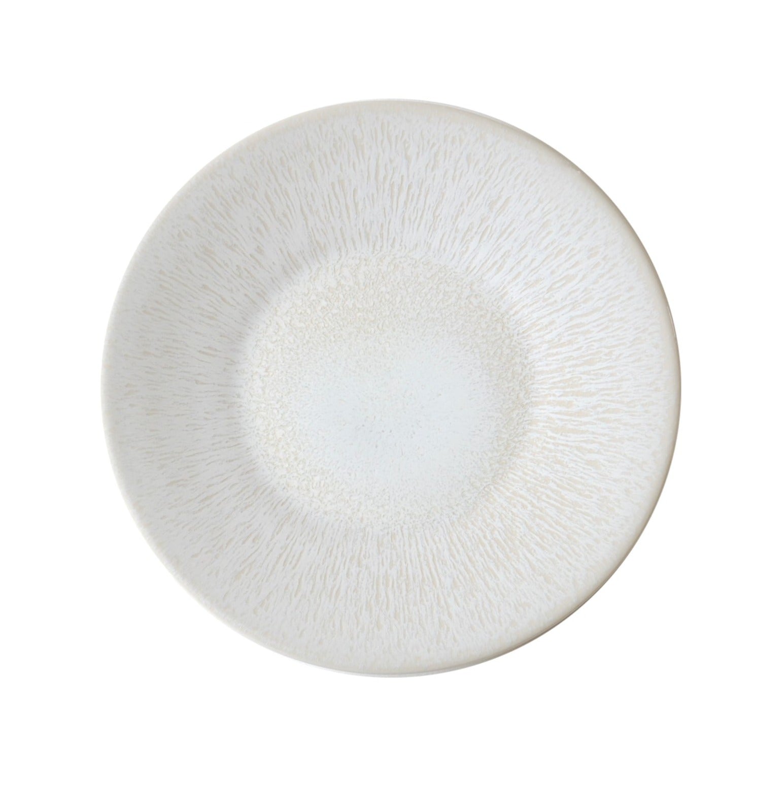 A round, white ceramic plate from the Jars Vuelta White Pearl Collection with a subtle textured pattern radiating from the center, showcasing its timeless elegance.