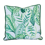 The Calathea Green Outdoor Pillow features a 22x22 square shape with a leafy green tropical pattern on a white background and dark green piping along the edges, making it perfect for adding vibrant style to your patio or garden seating.