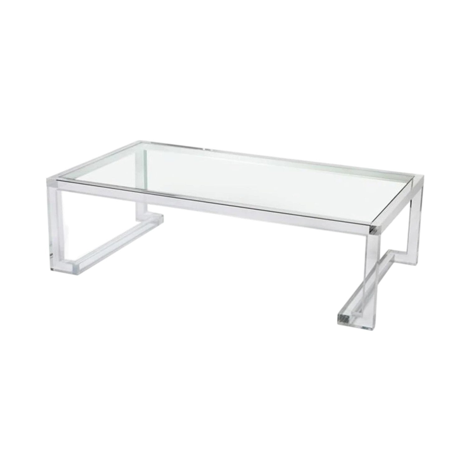 The Ava Cocktail Table features a clear rectangular glass top and a modern, geometric metal frame, photographed on a white background—this sleek cocktail table brings a contemporary touch to any living space.