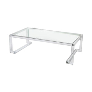 The Ava Cocktail Table features a clear rectangular glass top and a modern, geometric metal frame, photographed on a white background—this sleek cocktail table brings a contemporary touch to any living space.