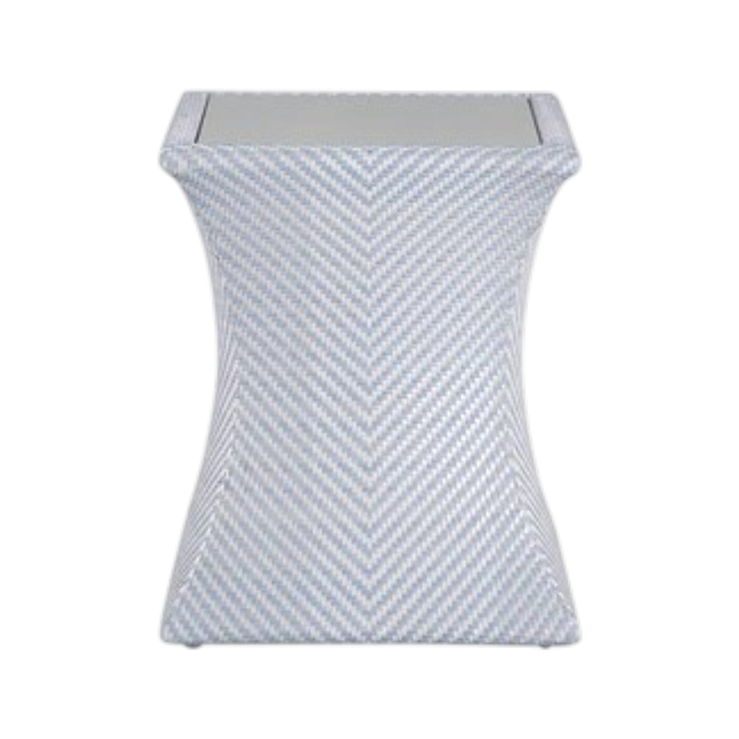 The Bari Square End Table in Chambray features a weather-resistant porcelain hourglass shape with a chevron-patterned light blue and white surface, shown against a white background.