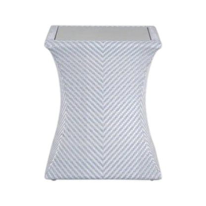 The Bari Square End Table in Chambray features a weather-resistant porcelain hourglass shape with a chevron-patterned light blue and white surface, shown against a white background.
