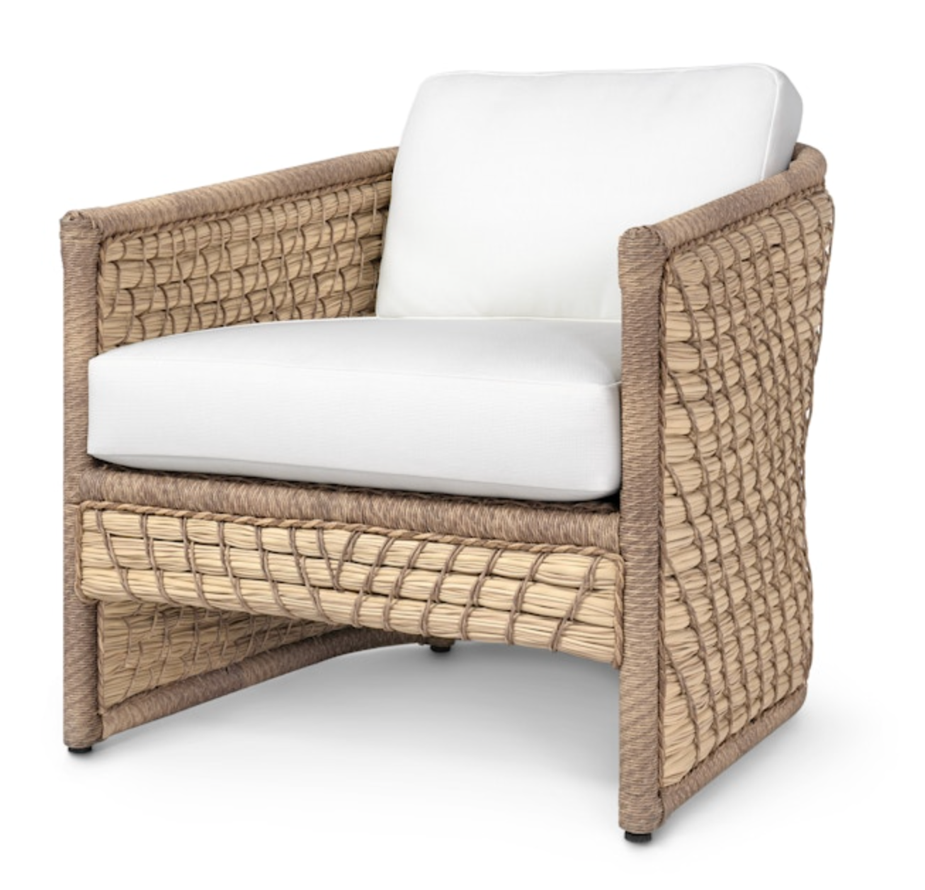 The Capitola Lounge Chair is a square woven rattan chair with a natural-tone frame, white seat and back cushions, and decorative lampakanay rope for added texture.