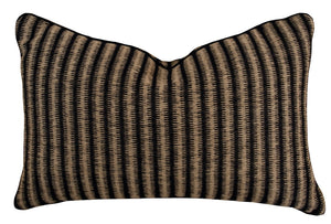 Black and beige striped rectangular pillow with a textured fabric surface, showcasing attention to detail in every stitch. Crafted from the finest materials, this custom-made Baleen Lumbar Pillow adds elegance and comfort to any setting.