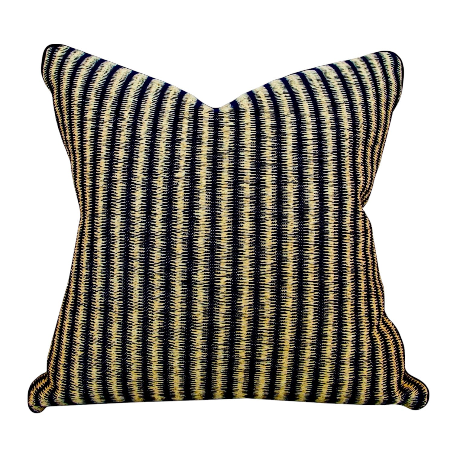 The Baleen Pillow is a square, down-filled decorative pillow featuring bold black and yellow vertical stripes on a white background.