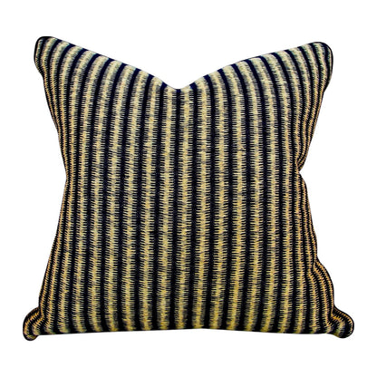 The Baleen Pillow is a square, down-filled decorative pillow featuring bold black and yellow vertical stripes on a white background.